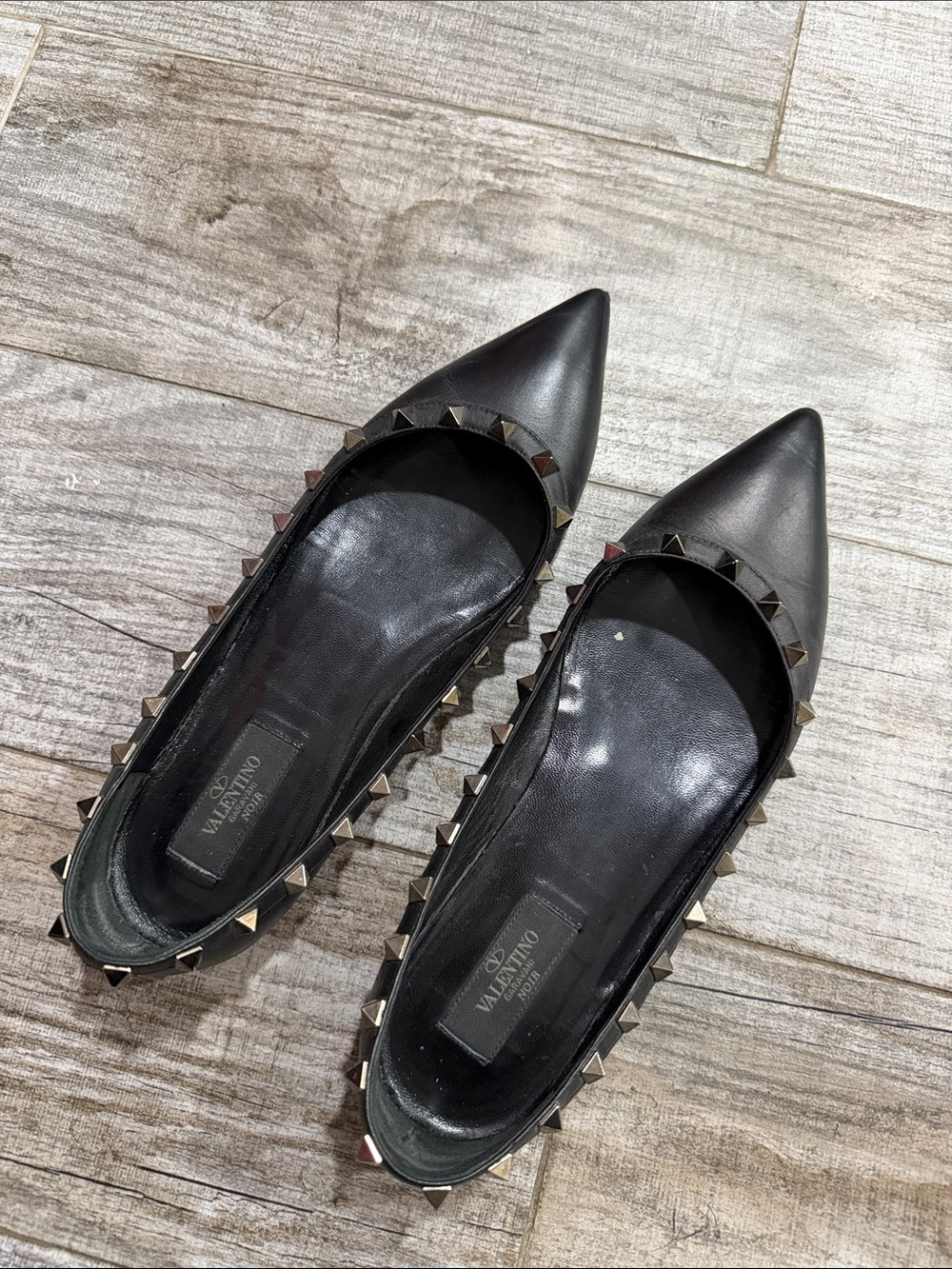 Valentino Black Leather Pointed Rockstud Flats